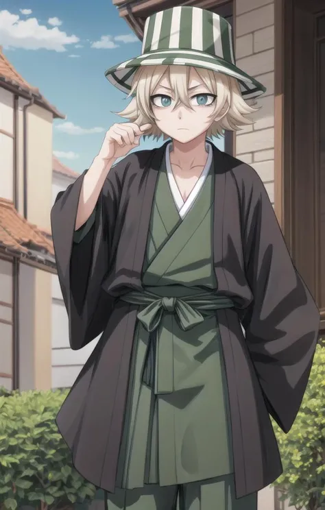1 boy,more details in eyes,cute,looking at viewer, adorabel boy,cute face,details sky,handsome,young,juvenile, ((masterpiece:1.4,best quality)),multiple details, eyeshadow,sfw, <lora:kisuke:0.5>,
URAHARA KISUKE,BLONDE HAIR, GREY EYES, HAIR BETWEEN EYES, SHORT HAIR,GREEN HAT, STRIPED, BLACK HAORI, GREEN HAKAMA,BENIHIME SWORD