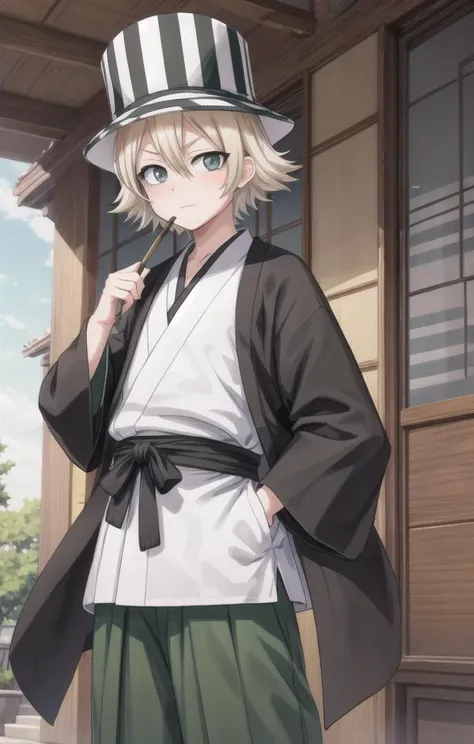 1 boy,more details in eyes,cute,looking at viewer, adorabel boy,cute face,details sky,handsome,young,juvenile, ((masterpiece:1.4,best quality)),multiple details, eyeshadow,sfw,  <lora:kisuke:0.5>,
URAHARA KISUKE,BLONDE HAIR, GREY EYES, HAIR BETWEEN EYES, SHORT HAIR,GREEN HAT, STRIPED, BLACK HAORI, GREEN HAKAMA,BENIHIME SWORD
