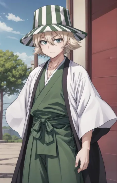 1 boy,more details in eyes,cute,looking at viewer, adorabel boy,cute face,details sky,handsome,young,juvenile, ((masterpiece:1.4,best quality)),multiple details, eyeshadow,sfw, <lora:kisuke:0.5>,
URAHARA KISUKE,BLONDE HAIR, GREY EYES, HAIR BETWEEN EYES, SHORT HAIR,GREEN HAT, STRIPED, BLACK HAORI, GREEN HAKAMA,BENIHIME SWORD