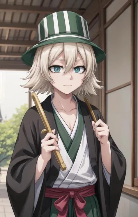 1 boy,more details in eyes,cute,looking at viewer, adorabel boy,cute face,details sky,handsome,young,juvenile, ((masterpiece:1.4,best quality)),multiple details, eyeshadow,sfw, <lora:kisuke:0.5>,
URAHARA KISUKE,BLONDE HAIR, GREY EYES, HAIR BETWEEN EYES, SHORT HAIR,GREEN HAT, STRIPED, BLACK HAORI, GREEN HAKAMA,BENIHIME SWORD