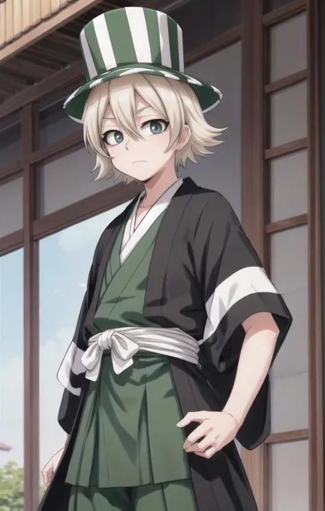 1 boy,more details in eyes,cute,looking at viewer, adorabel boy,cute face,details sky,handsome,young,juvenile, ((masterpiece:1.4,best quality)),multiple details, eyeshadow,sfw, <lora:kisuke:0.5>,
URAHARA KISUKE,BLONDE HAIR, GREY EYES, HAIR BETWEEN EYES, SHORT HAIR,GREEN HAT, STRIPED, BLACK HAORI, GREEN HAKAMA,BENIHIME SWORD