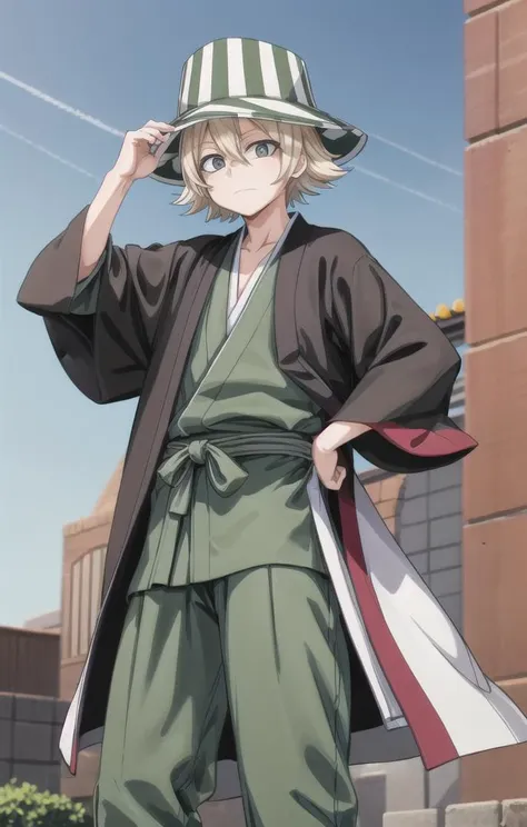 1 boy,more details in eyes,cute,looking at viewer, adorabel boy,cute face,details sky,handsome,young,juvenile, ((masterpiece:1.4,best quality)),multiple details, eyeshadow,sfw, <lora:kisuke:0.5>,
URAHARA KISUKE,BLONDE HAIR, GREY EYES, HAIR BETWEEN EYES, SHORT HAIR,GREEN HAT, STRIPED, BLACK HAORI, GREEN HAKAMA,BENIHIME SWORD