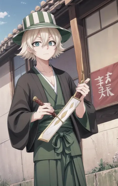 1 boy,more details in eyes,cute,looking at viewer, adorabel boy,cute face,details sky,handsome,young,juvenile, ((masterpiece:1.4,best quality)),multiple details, eyeshadow,sfw, <lora:kisuke:0.5>,
URAHARA KISUKE,BLONDE HAIR, GREY EYES, HAIR BETWEEN EYES, SHORT HAIR,GREEN HAT, STRIPED, BLACK HAORI, GREEN HAKAMA,BENIHIME SWORD