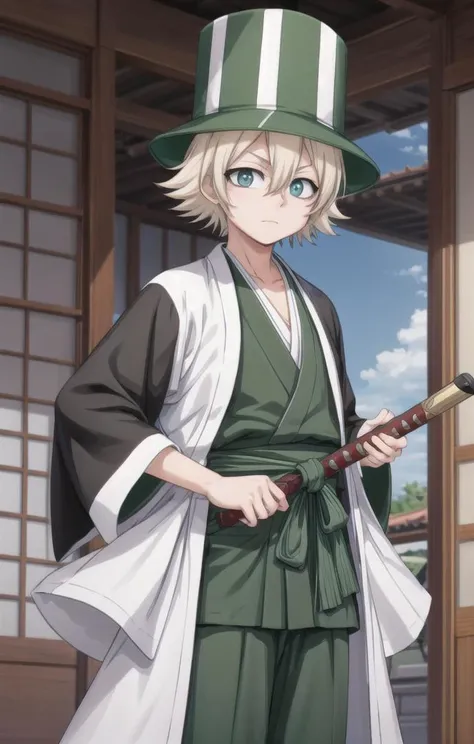 1 boy,more details in eyes,cute,looking at viewer, adorabel boy,cute face,details sky,handsome,young,juvenile, ((masterpiece:1.4,best quality)),multiple details, eyeshadow,sfw,  <lora:kisuke:0.5>,
URAHARA KISUKE,BLONDE HAIR, GREY EYES, HAIR BETWEEN EYES, SHORT HAIR,GREEN HAT, STRIPED, BLACK HAORI, GREEN HAKAMA,BENIHIME SWORD