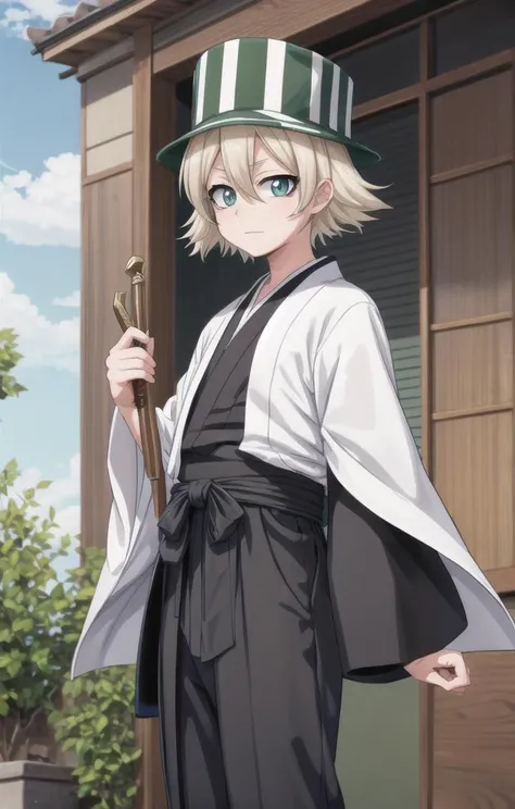 1 boy,more details in eyes,cute,looking at viewer, adorabel boy,cute face,details sky,handsome,young,juvenile, ((masterpiece:1.4,best quality)),multiple details, eyeshadow,sfw, <lora:kisuke:0.5>,
URAHARA KISUKE,BLONDE HAIR, GREY EYES, HAIR BETWEEN EYES, SHORT HAIR,GREEN HAT, STRIPED, BLACK HAORI, GREEN HAKAMA,BENIHIME SWORD
