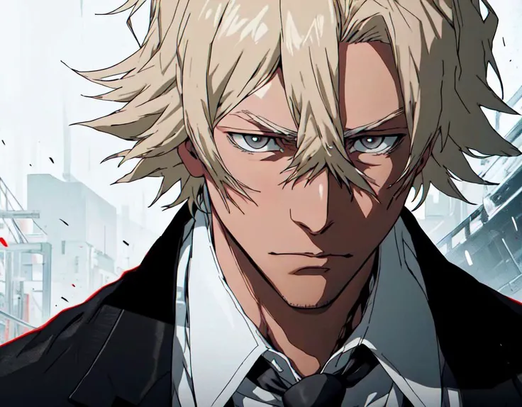 laboratory, doing research, (necktie, black jacket, suit, white shirt, white collar, black jacket), 1boy, urahara kisuke, solo, cowboy shot, grey eyes, male focus, serious, (masterpiece, best quality), blonde hair, solo, <lora:kisuke-v11:0.6>