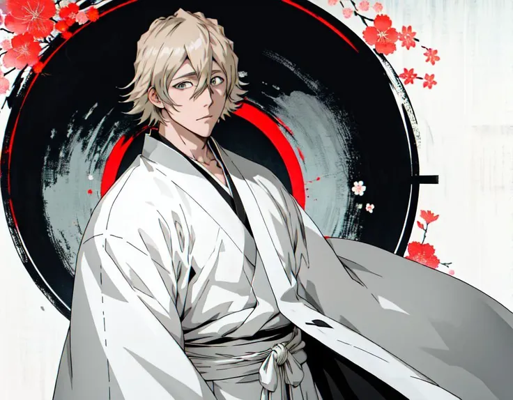 1boy, urahara kisuke, solo, grey eyes, male focus, white haori, black hakama, (masterpiece, best quality), blonde hair, solo, <lora:kisuke-v11:0.6>