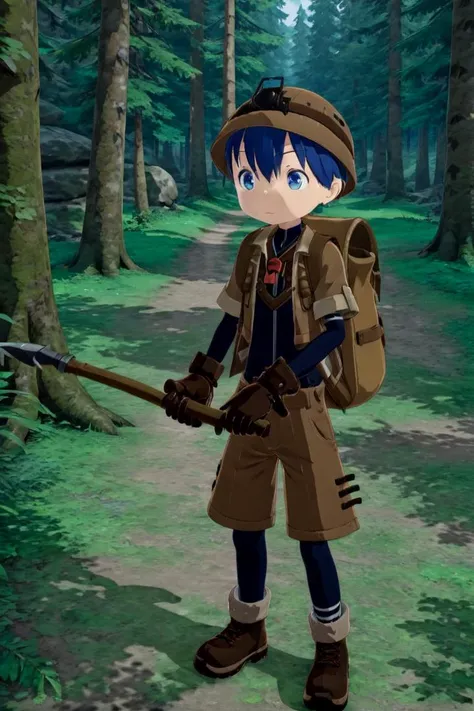 masterpiece, ultra detail, forest, detailed background, looking at camera
<lora:made_in_abyss_-_binary_star_-_aki-000008:0.7>
mia_aki, solo, blue eyes, shirt, gloves, 1boy, hat, holding, closed mouth, blue hair, standing, full body, male focus, boots, outdoors, shorts, black gloves, bag, black shirt, brown footwear, backpack, helmet, male child, brown shorts, whistle, pickaxe
<lora:XDetail_heavy:1>