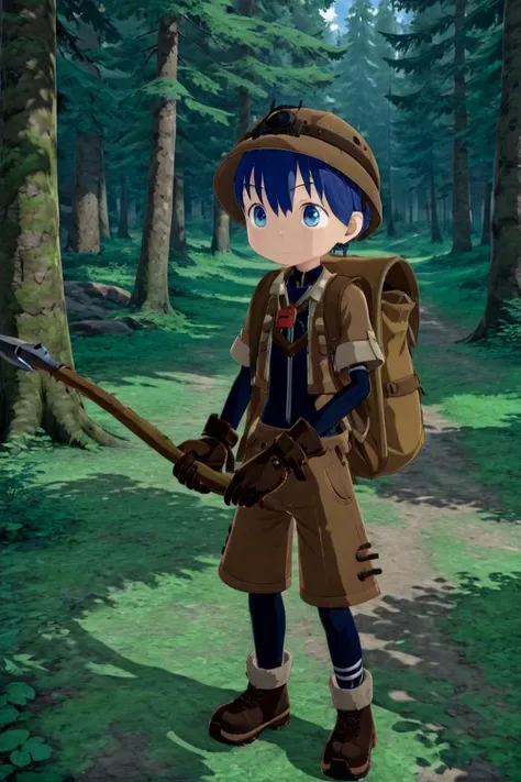 masterpiece, ultra detail, forest, detailed background, looking at camera
<lora:made_in_abyss_-_binary_star_-_aki-000008:0.7>
mia_aki, solo, blue eyes, shirt, gloves, 1boy, hat, holding, closed mouth, blue hair, standing, full body, male focus, boots, outdoors, shorts, black gloves, bag, black shirt, brown footwear, backpack, helmet, male child, brown shorts, whistle, pickaxe
<lora:XDetail_heavy:1>