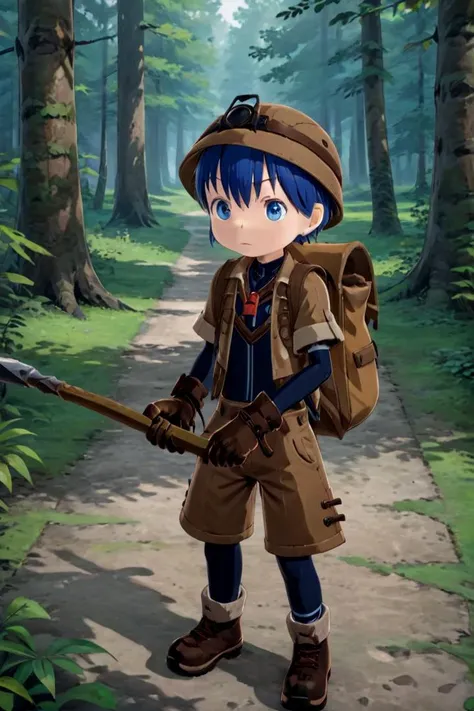 masterpiece, ultra detail, forest, detailed background, looking at camera
<lora:made_in_abyss_-_binary_star_-_aki-000008:0.7>
mia_aki, solo, blue eyes, shirt, gloves, 1boy, hat, holding, closed mouth, blue hair, standing, full body, male focus, boots, outdoors, shorts, black gloves, bag, black shirt, brown footwear, backpack, helmet, male child, brown shorts, whistle, pickaxe
<lora:XDetail_heavy:1>