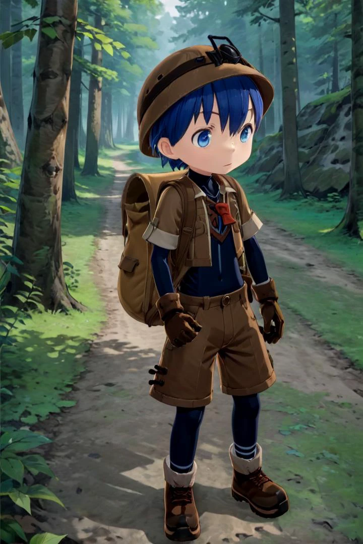 masterpiece, ultra detail, forest, detailed background, looking at camera
<lora:made_in_abyss_-_binary_star_-_aki-000008:0.7>
mia_aki, solo, blue eyes, shirt, gloves, 1boy, hat, holding, closed mouth, blue hair, standing, full body, male focus, boots, outdoors, shorts, black gloves, bag, black shirt, brown footwear, backpack, helmet, male , brown shorts, whistle, pickaxe
<lora:XDetail_heavy:1>
