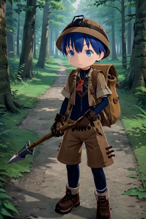 masterpiece, ultra detail, forest, detailed background, looking at camera
<lora:made_in_abyss_-_binary_star_-_aki-000008:0.7>
mia_aki, solo, blue eyes, shirt, gloves, 1boy, hat, holding, closed mouth, blue hair, standing, full body, male focus, boots, outdoors, shorts, black gloves, bag, black shirt, brown footwear, backpack, helmet, male child, brown shorts, whistle, pickaxe
<lora:XDetail_heavy:1>