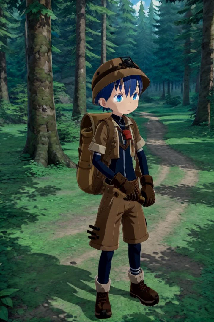 masterpiece, ultra detail, forest, detailed background, looking at camera
<lora:made_in_abyss_-_binary_star_-_aki-000008:0.7>
mia_aki, solo, blue eyes, shirt, gloves, 1boy, hat, holding, closed mouth, blue hair, standing, full body, male focus, boots, outdoors, shorts, black gloves, bag, black shirt, brown footwear, backpack, helmet, male , brown shorts, whistle, pickaxe
<lora:XDetail_heavy:1>