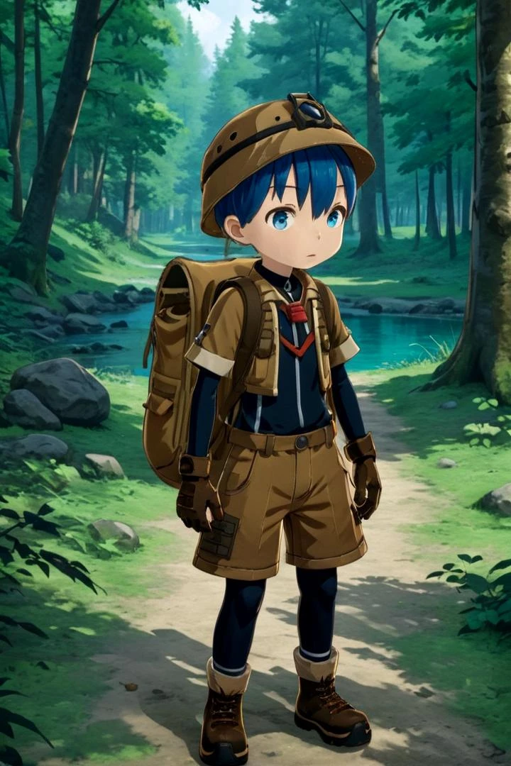 masterpiece, ultra detail, forest, detailed background, looking at camera
<lora:made_in_abyss_-_binary_star_-_aki-000008:0.7>
mia_aki, solo, blue eyes, shirt, gloves, 1boy, hat, holding, closed mouth, blue hair, standing, full body, male focus, boots, outdoors, shorts, black gloves, bag, black shirt, brown footwear, backpack, helmet, male , brown shorts, whistle, pickaxe
<lora:XDetail_heavy:1>