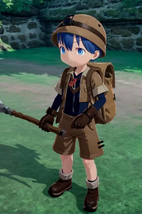 masterpiece, ultra detail,
<lora:made_in_abyss_-_binary_star_-_aki-000006:0.7>
mia_aki, solo, blue eyes, shirt, gloves, 1boy, hat, holding, closed mouth, blue hair, standing, full body, male focus, boots, outdoors, shorts, black gloves, bag, black shirt, brown footwear, backpack, helmet, male child, brown shorts, whistle, pickaxe
<lora:XDetail_heavy:1>