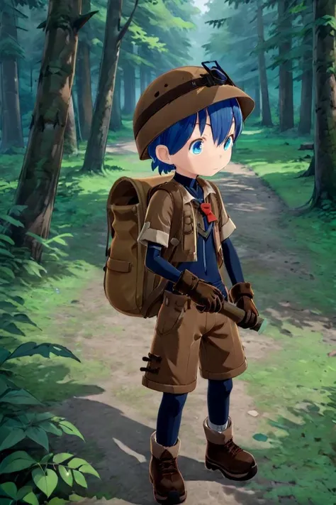 masterpiece, ultra detail, forest, detailed background, looking at camera
<lora:made_in_abyss_-_binary_star_-_aki-000008:0.7>
mia_aki, solo, blue eyes, shirt, gloves, 1boy, hat, holding, closed mouth, blue hair, standing, full body, male focus, boots, outdoors, shorts, black gloves, bag, black shirt, brown footwear, backpack, helmet, male child, brown shorts, whistle, pickaxe
<lora:XDetail_heavy:1>
