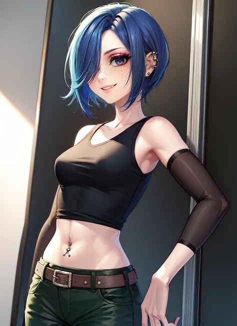((best quality)), ((highly detailed)), masterpiece, absurdres, (detailed eyes, deep eyes), (1girl), dynamic pose, cowboy shot, standing, <lora:hairdetailer:.9>, <lora:Mariekanker:.5>, MarieK, short blue hair, hair over one eye, black eyes, freckles, ear piercing, makeup, black nail polish, navel piercing, smiling, MarieAtt, black shirt, green pants, armband, midriff, belt, (inside, on an elevator)