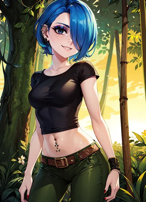((best quality)), ((highly detailed)), masterpiece, absurdres, (detailed eyes, deep eyes), (1girl), dynamic pose, cowboy shot, standing, <lora:Mariekanker:.6>, MarieK, short blue hair, hair over one eye, black eyes, freckles, ear piercing, makeup, black nail polish, navel piercing, smiling, MarieAtt, black shirt, green pants, armband, midriff, belt, (in a rainforest, jungle canopy, dawn, sunrise)