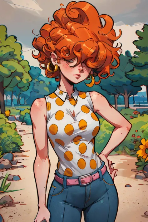 LeeK, curly orange hair, freckles, hair over eyes, denim pants,earrings, red polka dot shirt, medium breasts, sleeveless, belt, looking at viewer, serious, standing, outside, park, trees, dirt, overcast,  high quality, masterpiece <lora:LeeKanker:.8>