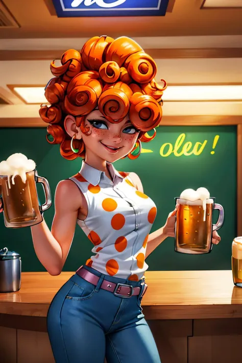 LeeK, curly orange hair, freckles, hair over eyes, denim pants,earrings, polka dot shirt, medium breasts, sleeveless, belt, looking at viewer, serious, smiling, standing, inside bar, holding mug of beer, counter, neon lighting,high quality, masterpiece <lora:LeeKanker:.8>