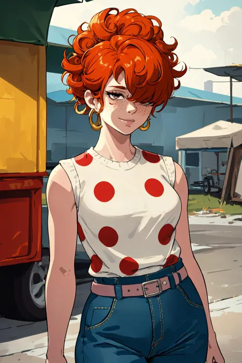masterpiece, best quality, ultra-detailed, LeeK, (((tall, skinny))), curly orange hair, freckles, ((hair over both eyes)), smug expression, covered eyes, LeeATT, denim pants, earrings, polka dot shirt, sleeveless shirt, belt , white shirt, standing, trailer in the background, cowboy shot, ((realistic)), volumetric lighting, intricate details, tonemapping, sharp focus, hyper detailed <lora:LeeKanker:0.8>