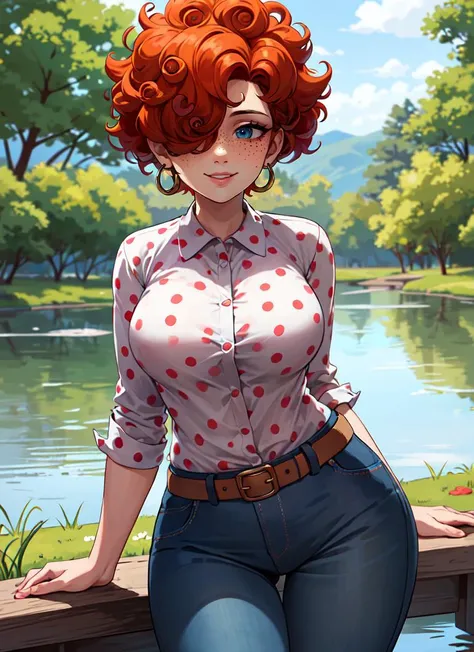 foreground, redhead girl, smooth white skin freckles , with green eyes , voluminous lips, perfect slender and detailed body, abundant breasts , Wide hips, waist and green landscape, Nswf