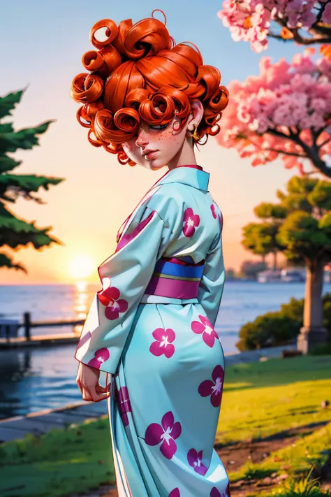 LeeK, curly orange hair, freckles, hair over eyes,earrings, traditional kimono, sash, long sleeves,looking at viewer, serious, standing, from_behind, cherry blossom, sunset, high quality, masterpiece <lora:LeeKanker:.8>