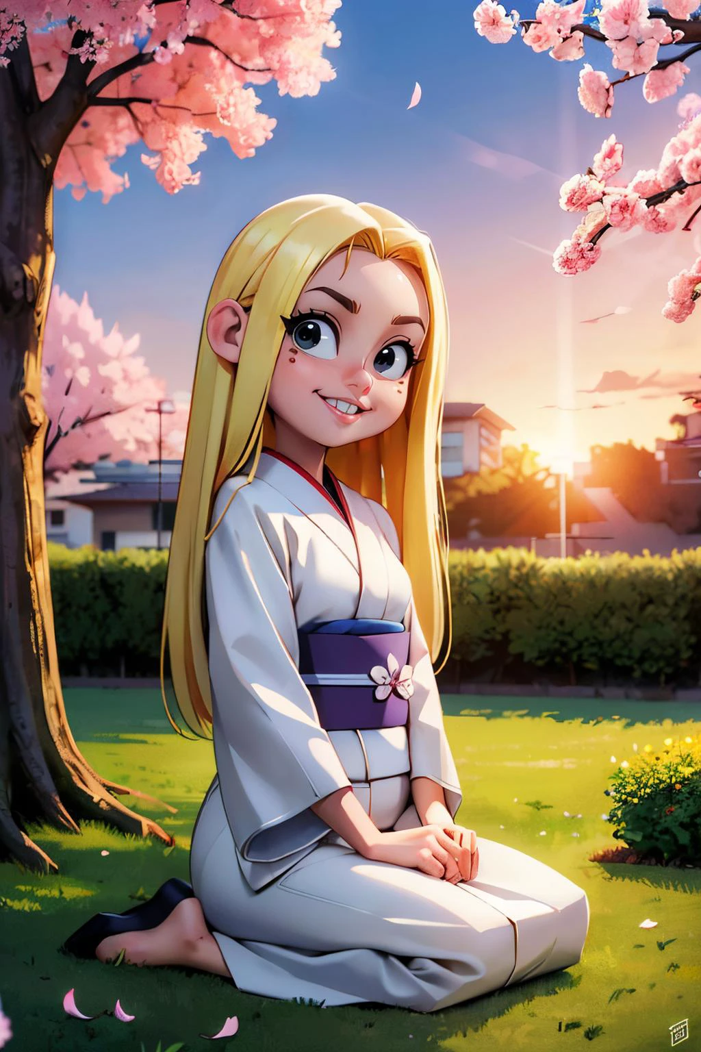 MayK, long blonde hair, buck teeth, black eyes, traditional kimono, sash, long sleeves, looking at viewer, serious, sitting,seiza, outside, garden, cherry blossom, sunset, high quality, masterpiece <lora:Maykanker:.7>