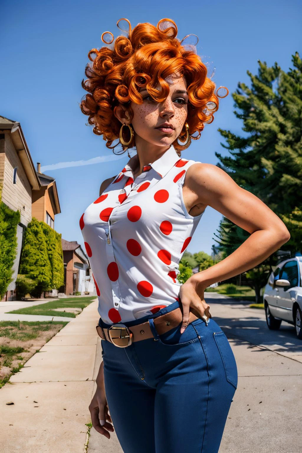 LeeK, curly orange hair, freckles, hair over eyes, denim pants,earrings, polka dot shirt, medium breasts, sleeveless, belt, looking at viewer, serious, standing, medium shot, hands on hips, outside, suburbs, neighborhood, trees, blue sky, high quality, masterpiece <lora:LeeKanker:.7>