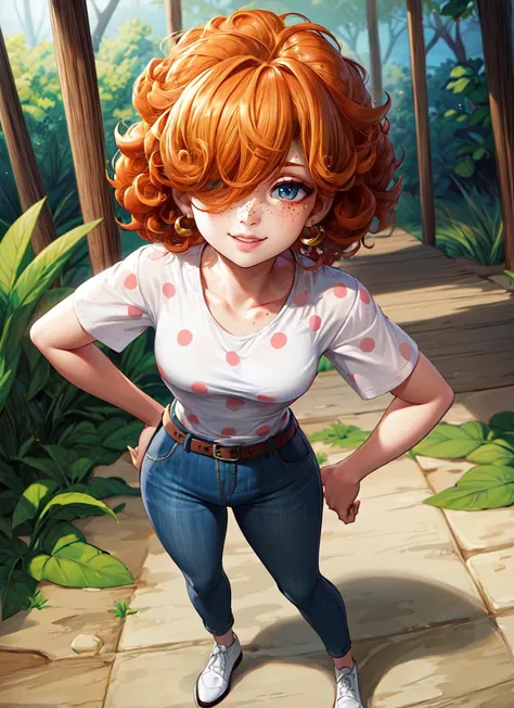 ((best quality)), ((highly detailed)), masterpiece, absurdres, extremely detailed face, beautiful face, (detailed eyes, deep eyes), (1girl), dynamic pose, full body, standing, <lora:hairdetailer:1>, <lora:LeeKanker:.6>, LeeK, orange hair, (curly hair), ((freckles)), (hair over eyes:1.2), ((hidden eyes)), wide hips, smiling, LeeATT, polka dot shirt, white shirt, short sleeves denim pants, belt, white shoes, earrings, (in a rainforest, jungle canopy, noon)