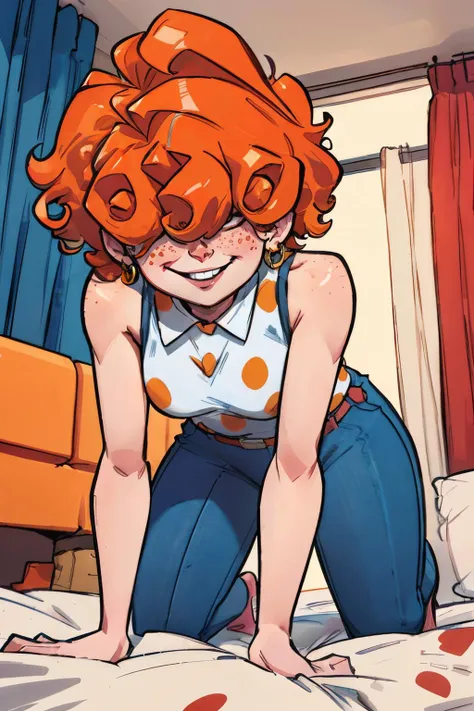 LeeK, curly orange hair, freckles, hair over eyes, earrings, red polka dot shirt, medium breasts, sleeveless, belt, denim pants, looking at viewer, serious, smirk, on all fours, from_below, on large bed, inside messy bedroom, dark, curtains, high quality, masterpiece <lora:LeeKanker:.8>