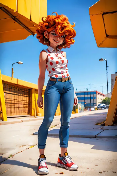 LeeK, curly orange hair, freckles, hair over eyes, denim pants,earrings, polka dot shirt, medium breasts, sleeveless, belt, shoes, looking at viewer, smiling, full body shot, standing, outside construction yard,  blue sky, high quality, masterpiece <lora:LeeKanker:.8>