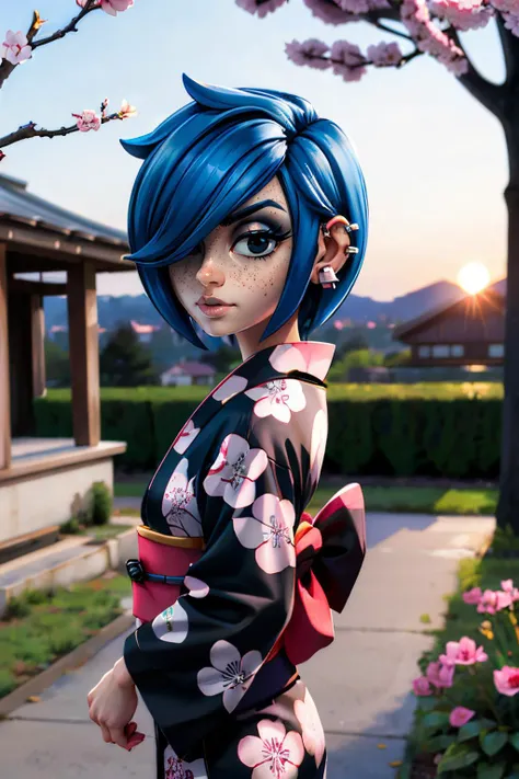 MarieK, short blue hair, ear piercing, hair over one eye, freckles, black eyes, makeup,black nail polish, traditional kimono, sash, long sleeves, looking at viewer, serious, standing, outside, garden, cherry blossom, sunset,high quality, masterpiece <lora:Mariekanker:.8>