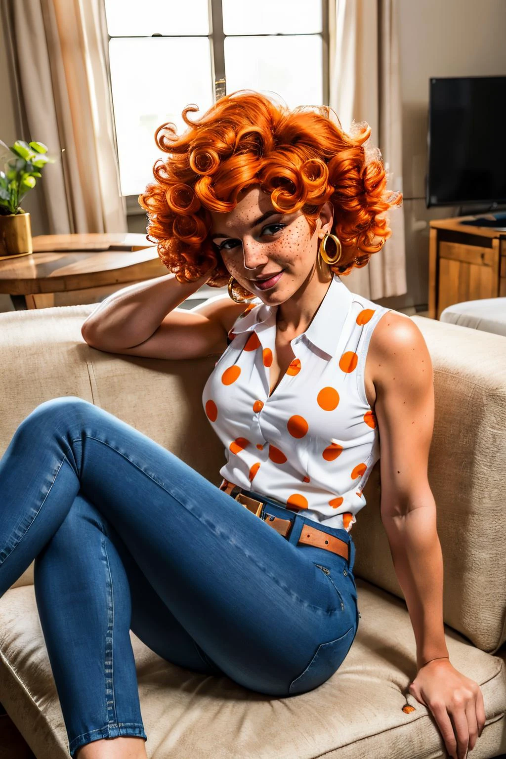 LeeK, curly orange hair, freckles, hair over eyes, denim pants,earrings, polka dot shirt, medium breasts, sleeveless, belt, looking at viewer, serious, smirk, sitting, on sofa, crossed legs, inside messy living room, soft lighting, high quality, masterpiece <lora:LeeKanker:.7>