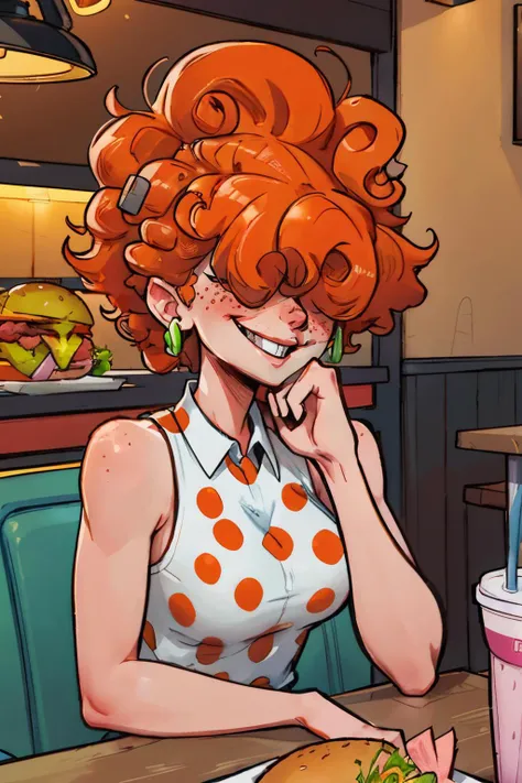 LeeK, curly orange hair, freckles, hair over eyes, earrings, red polka dot shirt, medium breasts, sleeveless, looking at viewer, smiling, teeth, sitting, upper body shot, behind a table, inside fast food restaurant, table full of food, hamburgers, milkshake, neon lighting, high quality, masterpiece <lora:LeeKanker:.8>