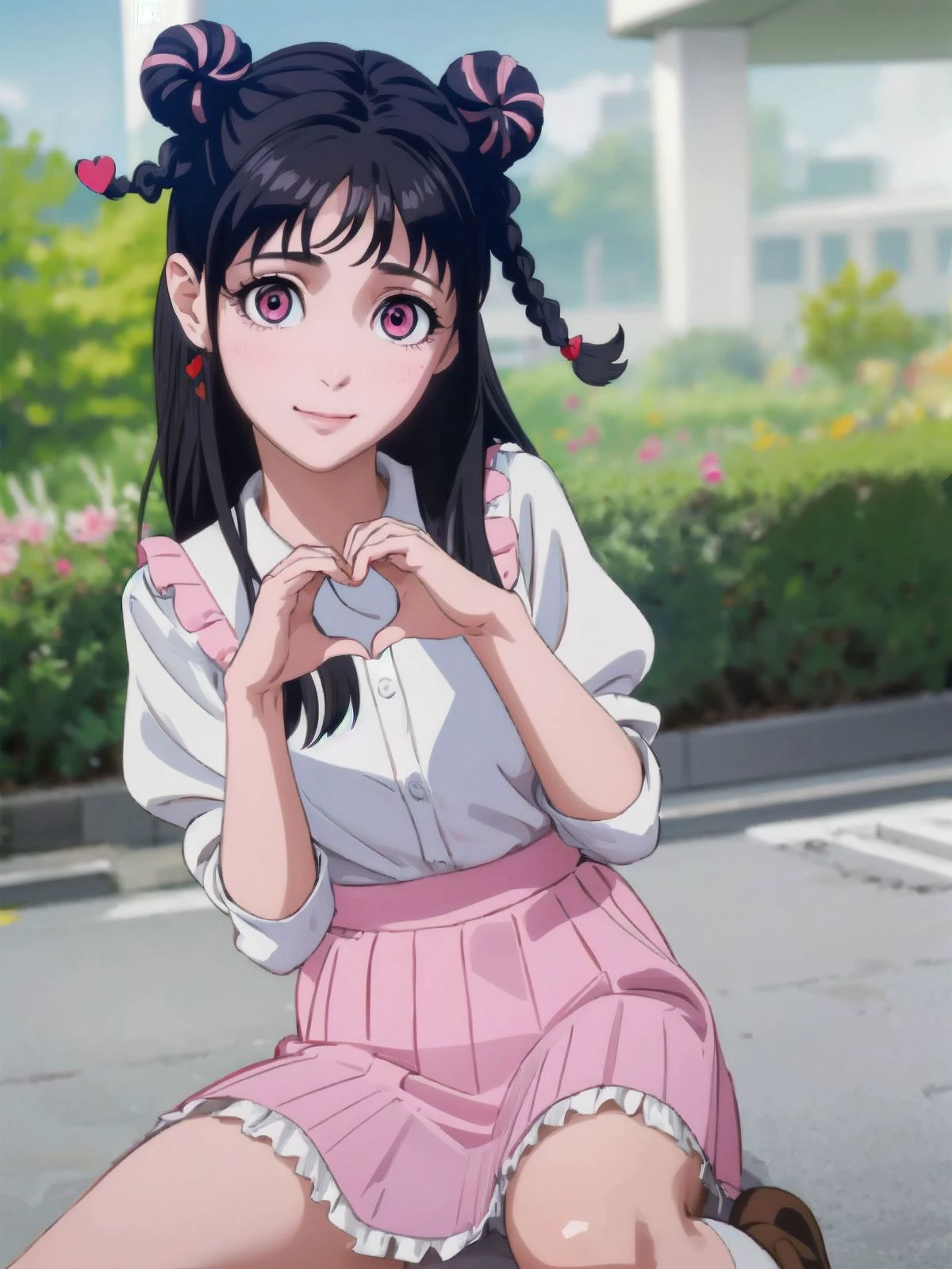 1girl, school uniform, frills, soothing tones, (smile:1.1), (sitting in cafe:1.1),
<lora:mahoro jin-lora-nochekaiser:0.8>, mahoro jin, long hair, bangs, black hair, hair ornament, braid, (pink eyes:1.1), hair bun, twin braids, double bun, heart, heart hair ornament,
<lora:heart-hands:0.8> , heart hands, own hands together
masterpiece, best quality, (beautiful detailed eyes:1.1), extremely detailed face, perfect lighting
