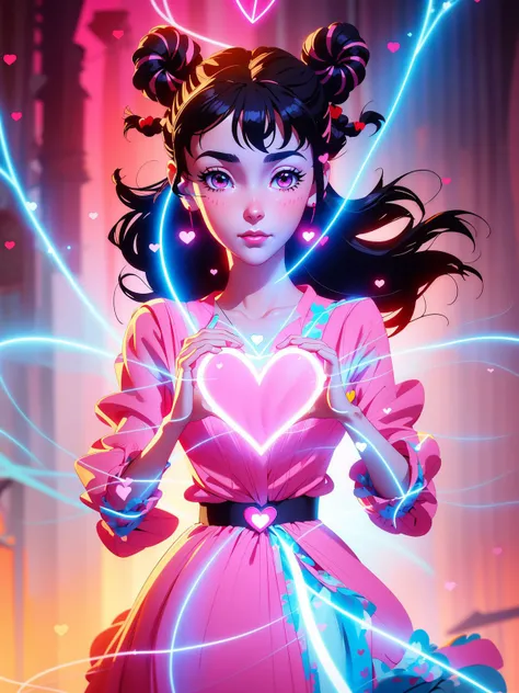 a girl in a red rockabilly vintage dress, 80s anime vibe, trending on artstartion, cute casual wear, by Ilya Kuvshinov, soothing tones, calm colors, (smile, wink:1.1), cowboy shot,
<lora:mahoro jin-lora-nochekaiser:0.9>, mahoro jin, double bun, heart hair ornament, pink eyes,
<lora:heartChest:0.5> , heartChest, (heart-shaped hands, glowing heart)