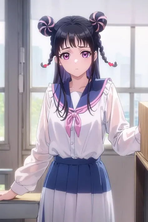 mahorojin, <lora:mahoro jin-lora-nochekaiser:1>,
mahoro jin, long hair, bangs, black hair, hair ornament, braid, (pink eyes:1.3), hair bun, twin braids, double bun, heart, heart hair ornament,
BREAK shirt, long sleeves, bow, school uniform, white shirt, serafuku, sailor collar, frills,
BREAK indoors, classroom,
BREAK looking at viewer, (cowboy shot:1.5),
BREAK <lyco:GoodHands-beta2:1>, (masterpiece:1.2), best quality, high resolution, unity 8k wallpaper, (illustration:0.8), (beautiful detailed eyes:1.6), extremely detailed face, perfect lighting, extremely detailed CG, (perfect hands, perfect anatomy),