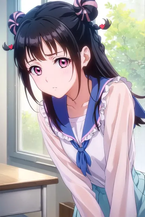 mahorojin, <lora:mahoro jin-lora-nochekaiser:1>,
mahoro jin, long hair, bangs, black hair, hair ornament, braid, (pink eyes:1.3), hair bun, twin braids, double bun, heart, heart hair ornament,
BREAK shirt, long sleeves, bow, school uniform, white shirt, serafuku, sailor collar, frills,
BREAK indoors, classroom,
BREAK looking at viewer, (cowboy shot:1.5),
BREAK <lyco:GoodHands-beta2:1>, (masterpiece:1.2), best quality, high resolution, unity 8k wallpaper, (illustration:0.8), (beautiful detailed eyes:1.6), extremely detailed face, perfect lighting, extremely detailed CG, (perfect hands, perfect anatomy),