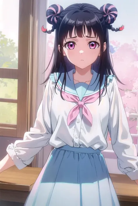 mahorojin, <lora:mahoro jin-lora-nochekaiser:1>,
mahoro jin, long hair, bangs, black hair, hair ornament, braid, (pink eyes:1.3), hair bun, twin braids, double bun, heart, heart hair ornament,
BREAK shirt, long sleeves, bow, school uniform, white shirt, serafuku, sailor collar, frills,
BREAK indoors, classroom,
BREAK looking at viewer, (cowboy shot:1.5),
BREAK <lyco:GoodHands-beta2:1>, (masterpiece:1.2), best quality, high resolution, unity 8k wallpaper, (illustration:0.8), (beautiful detailed eyes:1.6), extremely detailed face, perfect lighting, extremely detailed CG, (perfect hands, perfect anatomy),