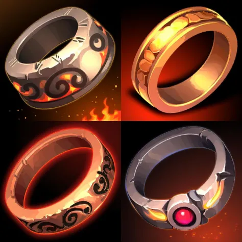 <lora:FantasyIcons_Rings:0.8>, simple background, black metal ring, glowing colored jewel, fire,