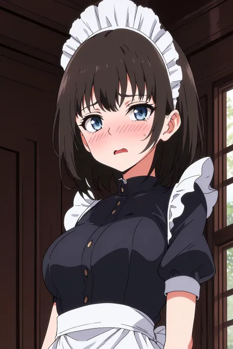 rurikawa tsubaki, 1girl, solo, breasts, looking at viewer, short hair, bangs, blue eyes, brown hair, black hair, closed mouth, upper body, puffy sleeves, medium hair, maid, maid headdress, expressionless, indoor, blush, scared, open mouth <lora:rurikawa-tsubaki-000005:0.8>