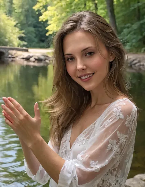 As Eva Amur, 1 girl with lively brown hair, graced the stone bridge, her radiant smile illuminated the tranquil forest lake below as she held out her hands to gently touch the rippling waters, evoking a sense of deep connection with nature while effortlessly exuding unbridled beauty and joy. <lora:vzqgvv18f77a25de0uae9:1>