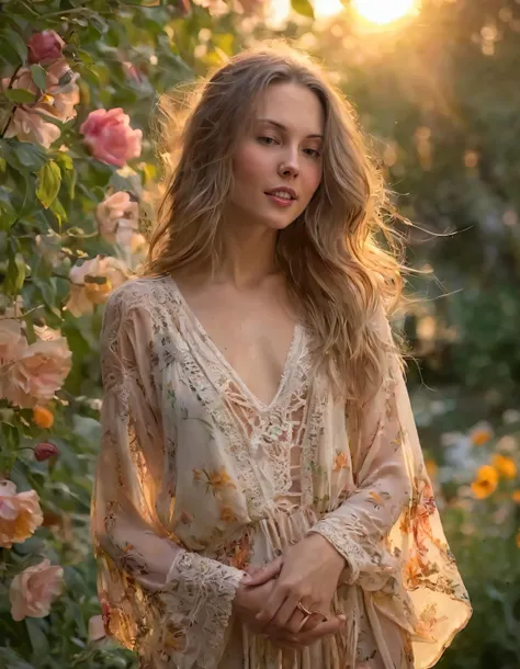 As the sun dipped below the horizon, casting a warm glow upon the enchanting landscape of Eva's garden, one girl, dressed in her flowing, bohemian outfit of sun-kissed tones and earthy textures, basked effortlessly with graceful poise, artfully captured by nature's majesty, amidst a cascading symphony of vibrant flowers that encircled the garden. Eva Amur <lora:vzqgvv18f77a25de0uae9:1>