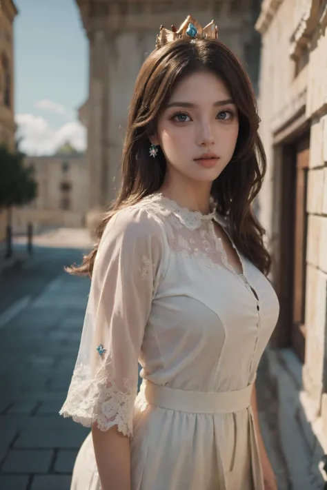 (Best Quality, Masterpiece:1.4), (Realism:1.2), (Realisitc:1.2), (Absurdres:1.2), (photorealistic:1.3), 1girl,Realistic Skin,Solo,( Very Big Eyes,beautiful detailed eyes, symmetric eyes), full body, (cowboy shot:1.4), Daisy_SMP, obra maestra, mejor calidad, princess daisy,<lora:HerrscherAGGA2023_Daisy_V1:0.8>