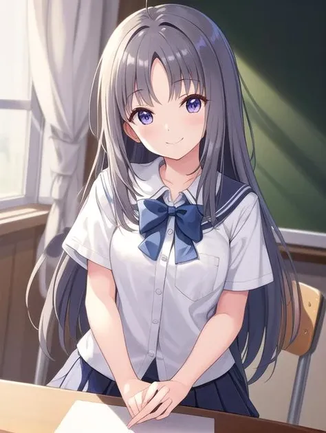 best quality, masterpiece, highres, detailed, digital illustration, <lora:Detail - add_detail:0.2>, <lora:Character - KiraSayuri:0.8>, school, parted bangs:2, smile,