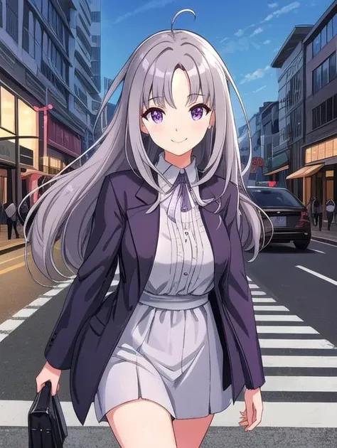 best quality, masterpiece, highres, detailed, digital illustration, <lora:Detail - add_detail:0.2>,  <lora:Character - KiraSayuri:0.8>, KiraSayuri, outdoors, smile, grey hair, purple eyes, parted bangs, 1girl helping grandma cross the street, city,