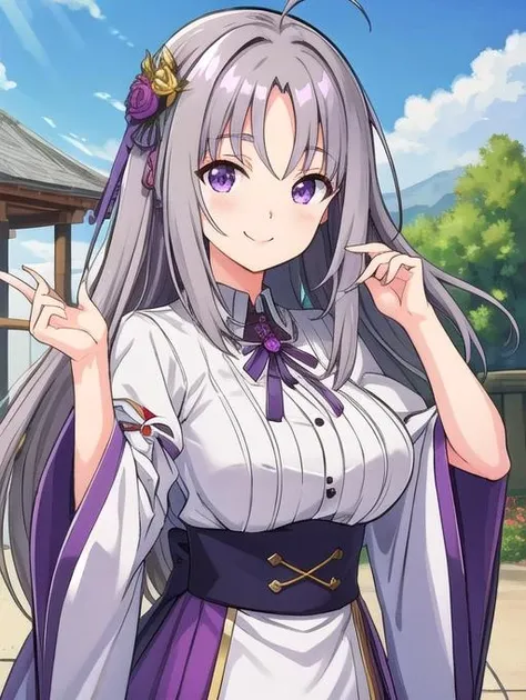 best quality, masterpiece, highres, detailed, digital illustration, <lora:Detail - add_detail:0.2>, <lora:Character - KiraSayuri:0.8>, KiraSayuri, outdoors, smile, grey hair, purple eyes, parted bangs,