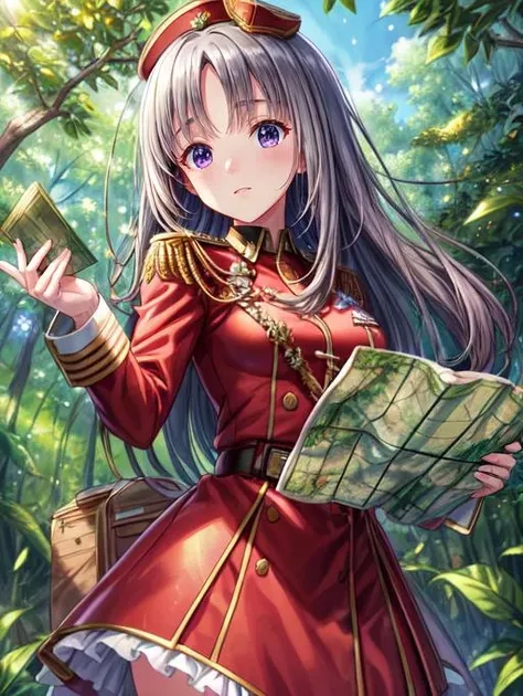 best quality, masterpiece, highres, detailed, digital illustration, <lora:Detail - add_detail:0.2>,  <lora:Character - KiraSayuri:0.8>, outdoors, forest, parted bangs:2, shade, military uniform, red military uniform, holding map,