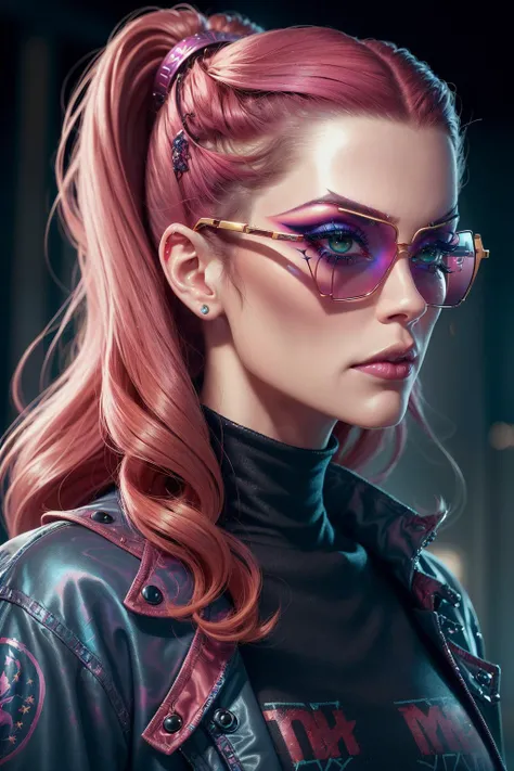 A stunning digital painting of (l4r4f8:1.5),masterpiece, best quality, high detailed, (As Eleven from Stranger Things as an adult woman, wearing her iconic pink dress and blue jacket, displaying her telekinetic powers, set in a dark, atmospheric environment reminiscent of the Upside Down, vivid colors, high-resolution, 8k quality, true to the Stranger Things series, expertly captured scene.:1.5),(in the style of Adam Hughes:1.3),(A pair of bold, retro-inspired sunglasses that shield her eyes from the sun while simultaneously adding a touch of glamour to her overall look.:1.9),(A low ponytail with a teased crown, creating a sexy, voluminous look with plenty of movement and bounce.:1.3),epic fantasy character art, concept art, fantasy art, a character portrait, fantasy art, vibrant high contrast,trending on ArtStation, dramatic lighting, ambient occlusion, volumetric lighting, emotional, Deviant-art, hyper detailed illustration, 8k, gorgeous lighting, <lora:VampiricTech:0.45>,vamptech,, wearing excessive makeup,Blush,Mascara,Eyebrow pencil,Eyeshadow,Eyeliner,Lip liner,Lip gloss,(Dramatic lashes:1.3),Cut crease,Ombre lips,Graphic eyeliner,extreme makeup, eye shadow, lipstick, excessive makeup